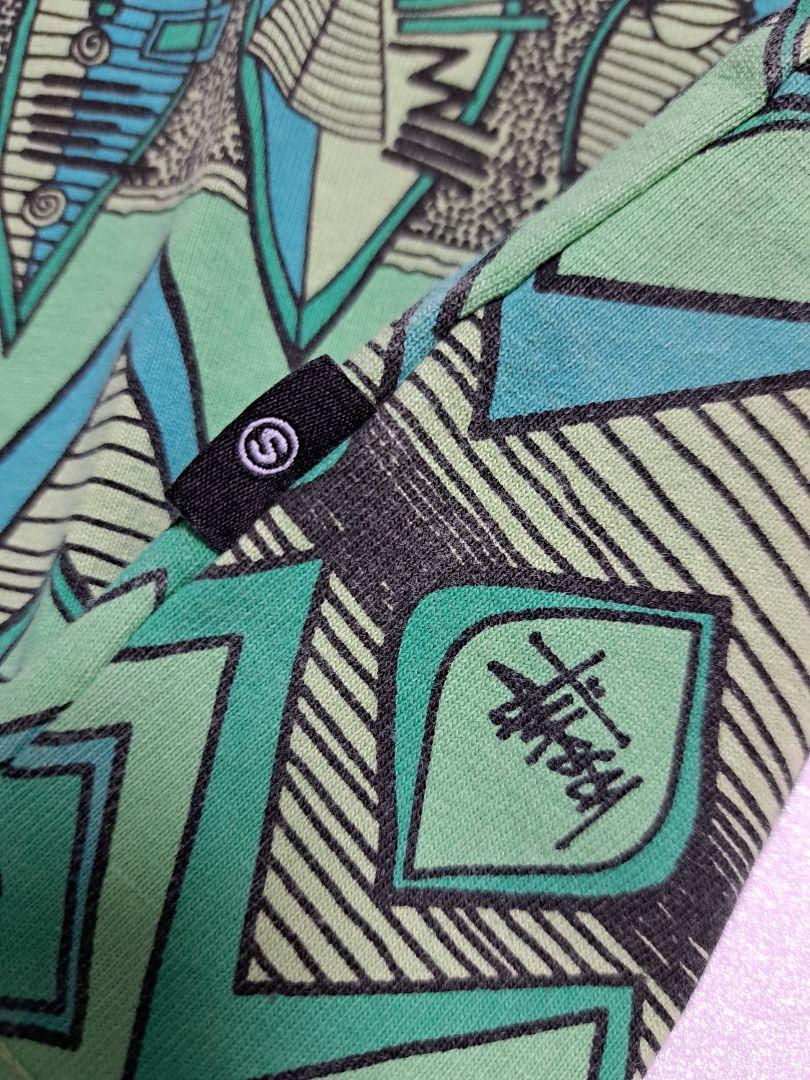 【M・新品】stussy 民族柄 クルー 厚手 T ／ グリーン・正規品