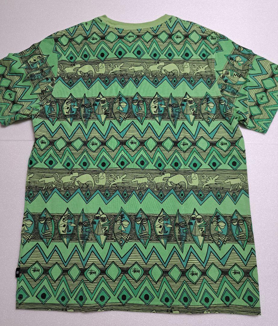 【M・新品】stussy 民族柄 クルー 厚手 T ／ グリーン・正規品