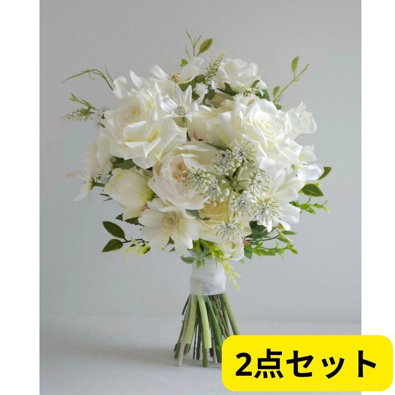 ★清楚で上品♪ホワイト×グリーンのブライダルブーケ＆ブートニア2点セット☆ブーケ