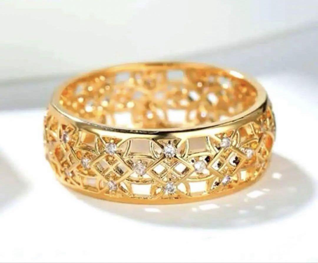 ゴールド 透かし模様 レディース指輪18k【チェコダイヤモンド】新品