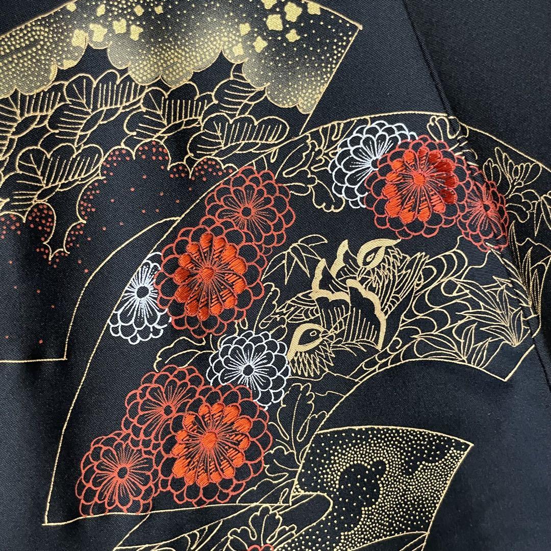 vintage 羽織り kimono 着物 カーディガン 和柄 花柄 扇 黒