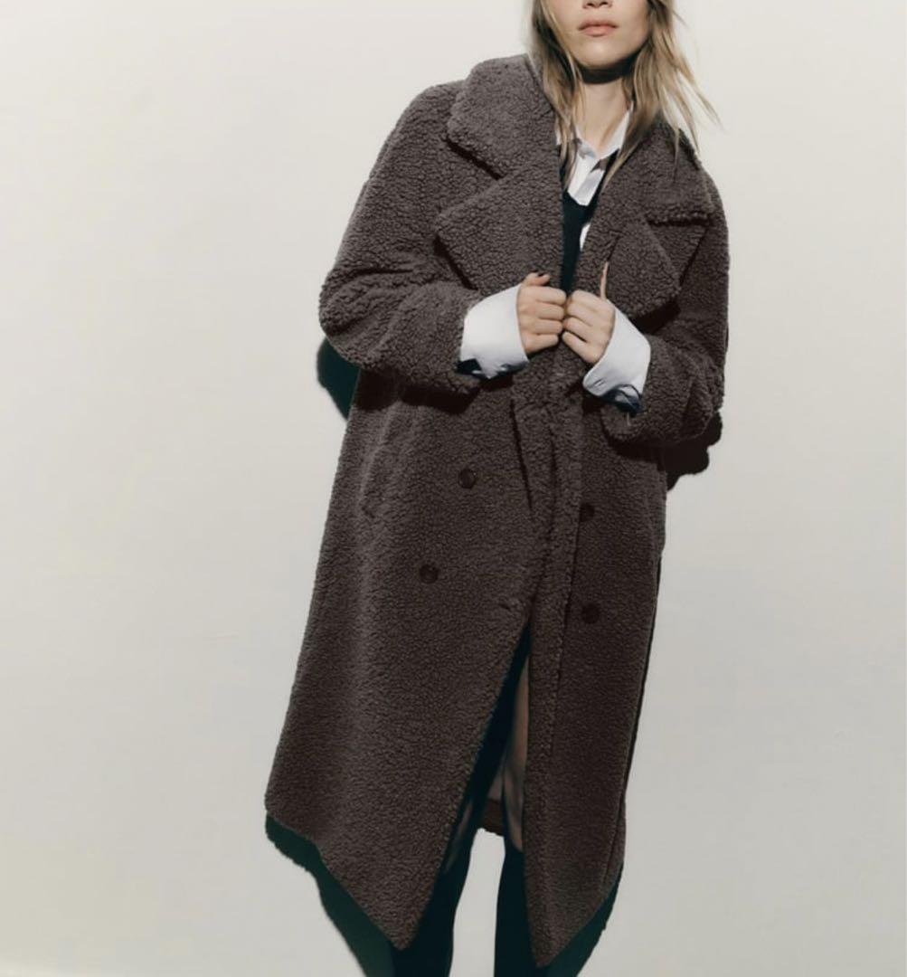 ZARA テディベアコート ボア グレー ロングコート ダブル ボア XS