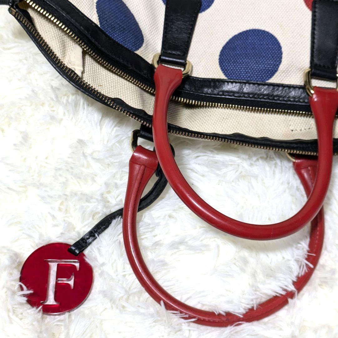 【希少】 FURLA ドット 水玉 キャンバス レザー チャーム ミニボストン 希少】 FURLA ドット 水玉 キャンバス レザー チャーム ミニボストン