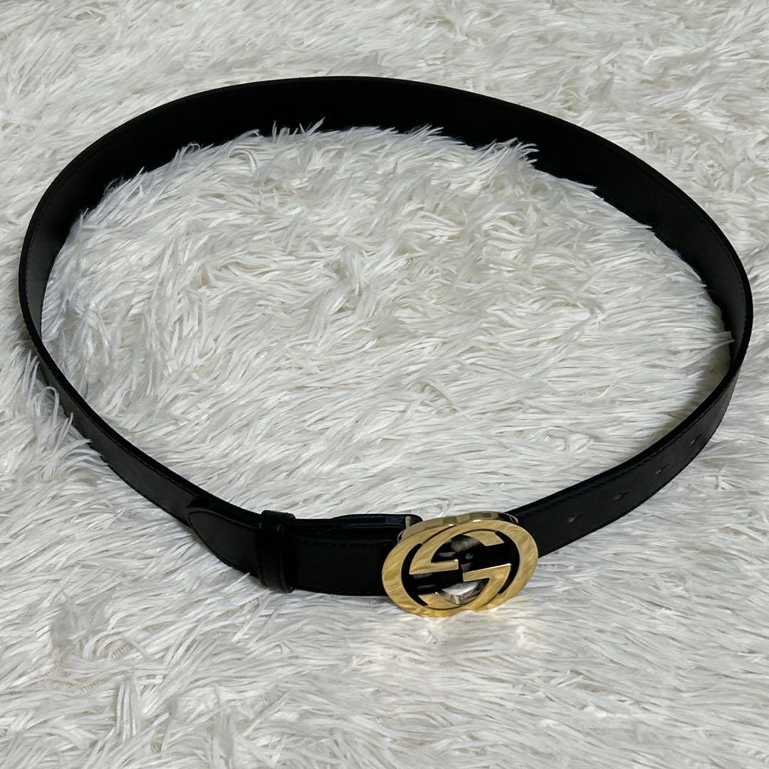 極美品✨グッチ ベルト インターロッキング GG ゴールド バックル 黒 レザー 画像5