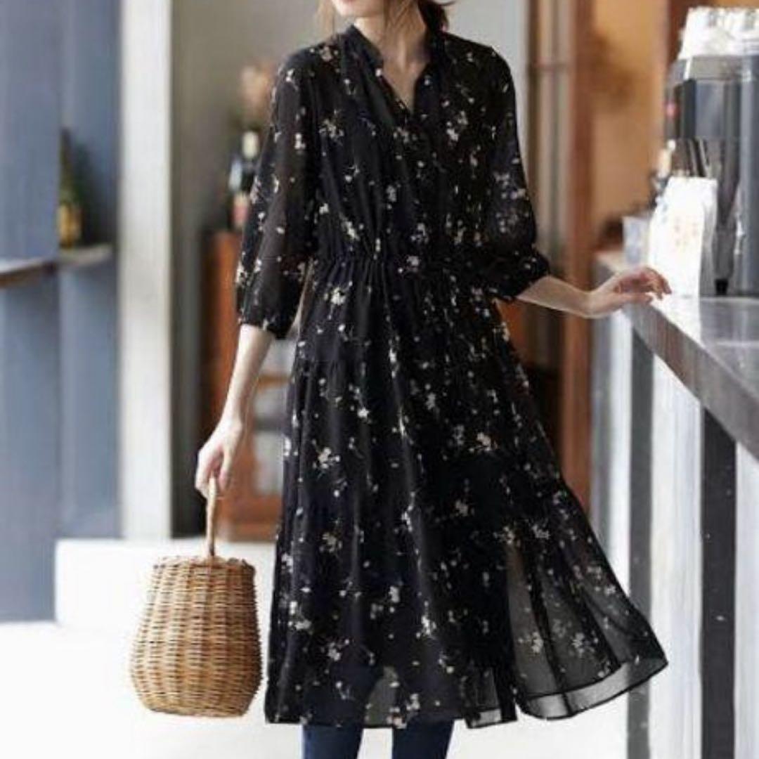 UNIQLO シフォンギャザープリントワンピース 花柄 - メルカリ