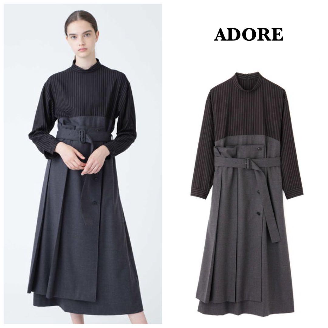 【ADORE】美シルエット*ソフトフラノワンピース ロング丈 ストライプ 38