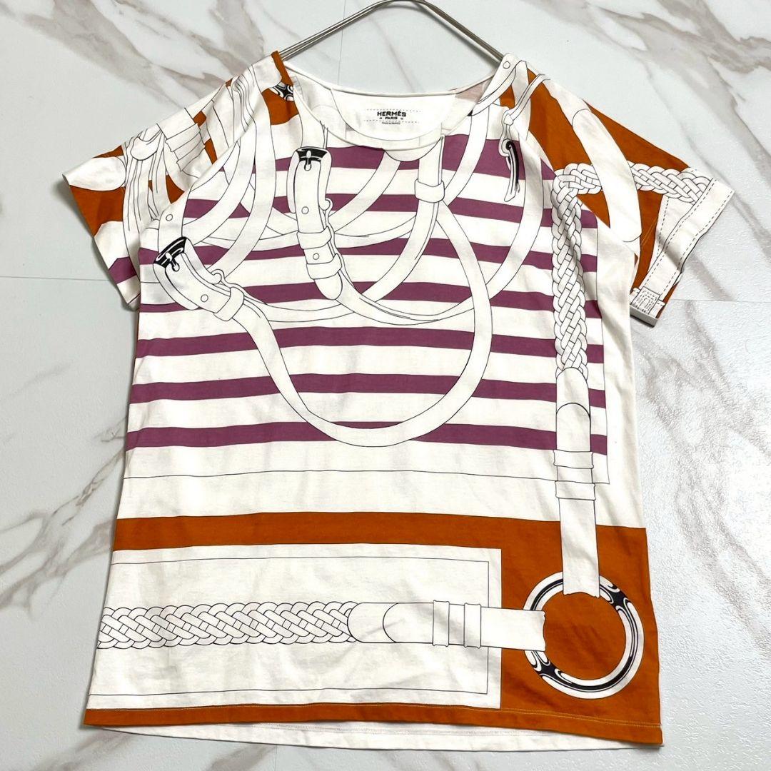 馬具デザイン●HERMES カットソー Tシャツ 総柄 ベルト ホワイト S相当