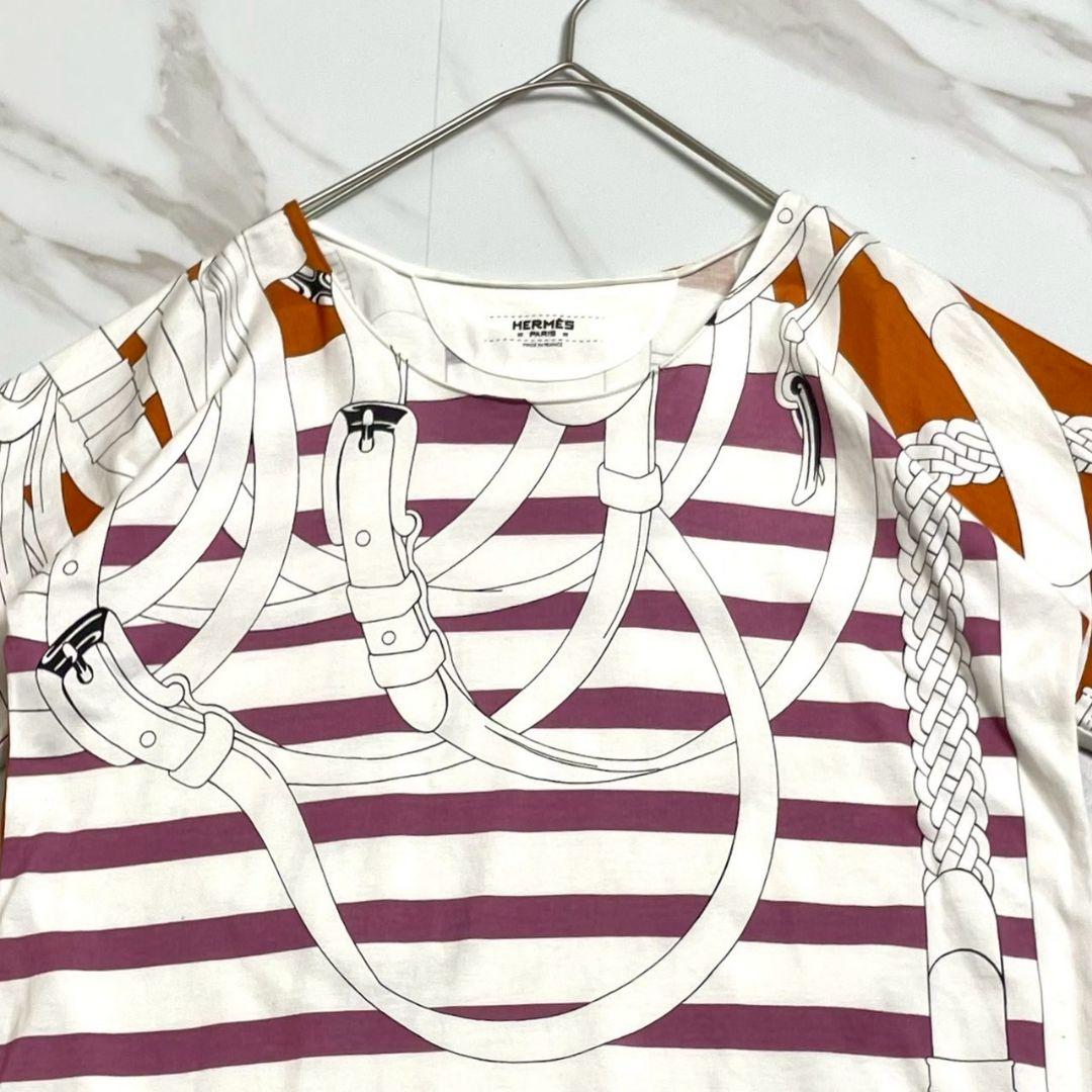 馬具デザイン●HERMES カットソー Tシャツ 総柄 ベルト ホワイト S相当