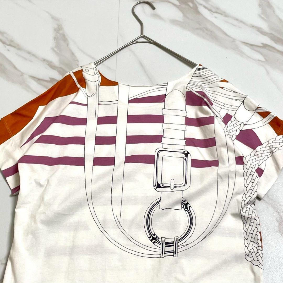 馬具デザイン●HERMES カットソー Tシャツ 総柄 ベルト ホワイト S相当