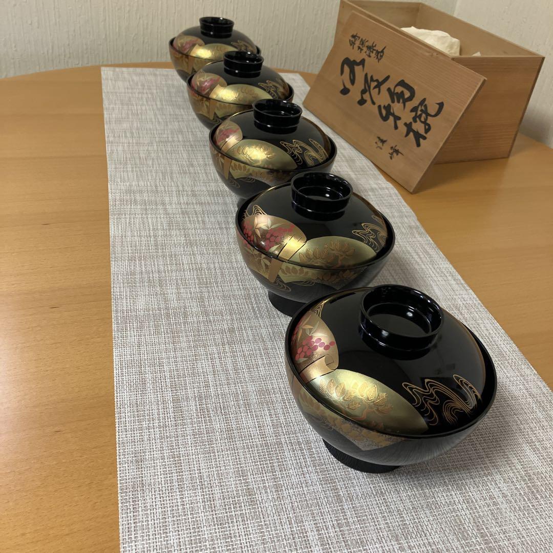 ⭐️ 会津塗 特選漆器 扇面蒔絵 黒大名お吸物椀揃 5客 美品 ⭐️ 夫婦椀 さくら 朱・黒内朱 蓋付きのお椀 2客セット 漆塗り 11