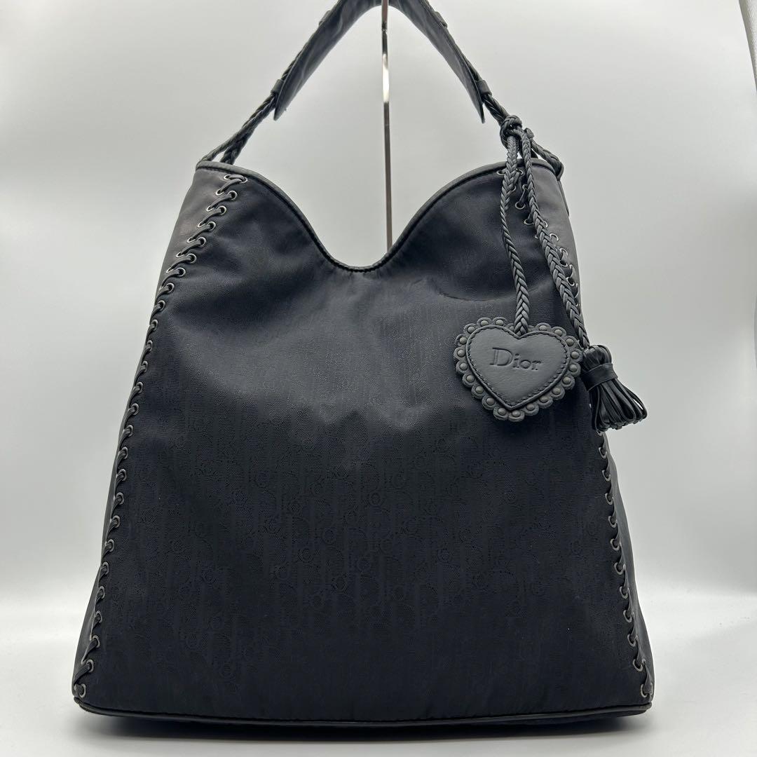 極美品　Dior トロッター　総柄　キャンバス　レザー　トートバッグ　ハート　黒