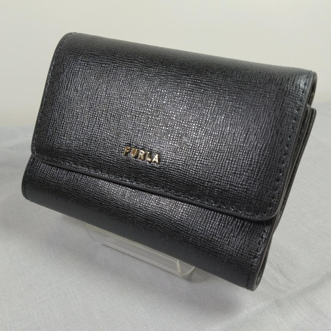 未使用フルラ★3つ折ウォレット 折財布 小銭入有クロスグレインレザー 本革 黒