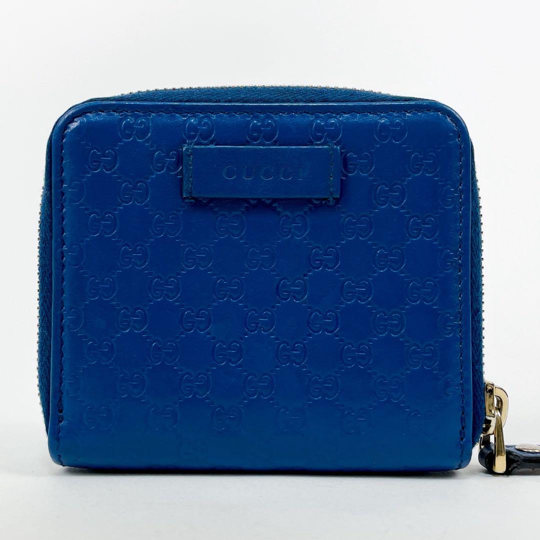 美品◆現行 GUCCI 二つ折り 財布 GGシマ ブルー コンパクトウォレット