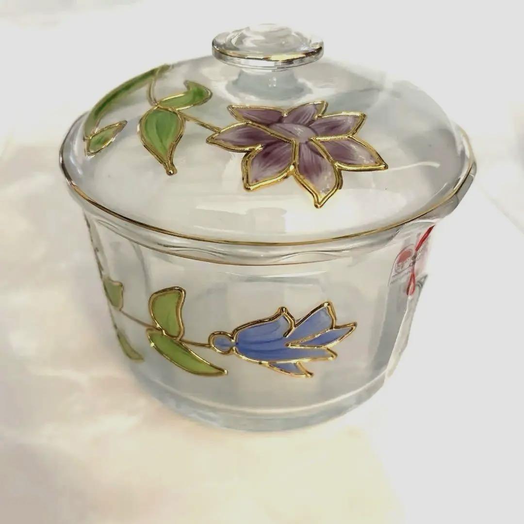 ガラス製 菓器 蓋付き 花柄ドイツ〔新品未使用品〕