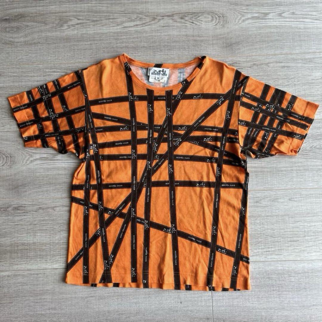 希少柄 エルメス Tシャツ リボン柄 オレンジ色 HERMES エルメス Tシャツ リボン柄 オレンジ M - メルカリ