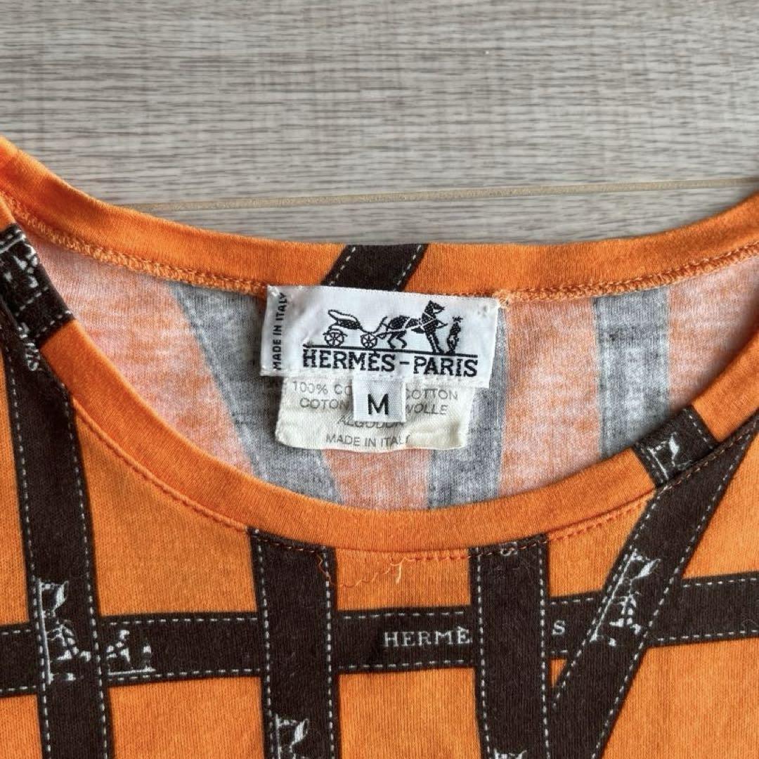 希少柄 エルメス Tシャツ リボン柄 オレンジ色 HERMES エルメス Tシャツ リボン柄 オレンジ M - メルカリ