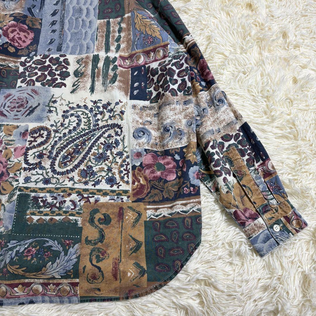 長袖シャツ 柄シャツ パッチワーク模様 ペイズリー柄 花柄 大きいサイズ