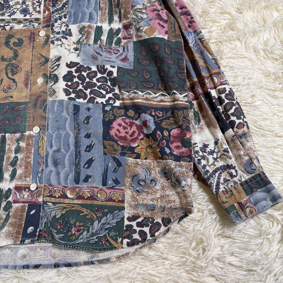 長袖シャツ 柄シャツ パッチワーク模様 ペイズリー柄 花柄 大きいサイズ