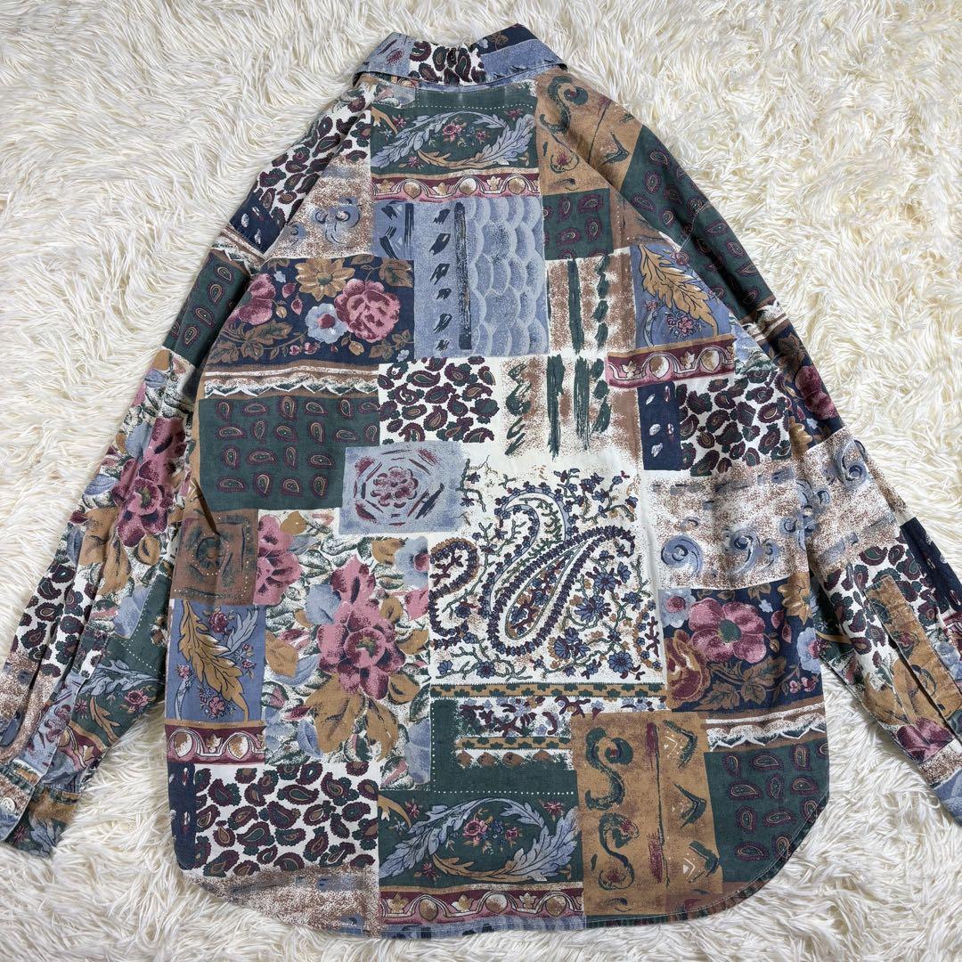 長袖シャツ 柄シャツ パッチワーク模様 ペイズリー柄 花柄 大きいサイズ