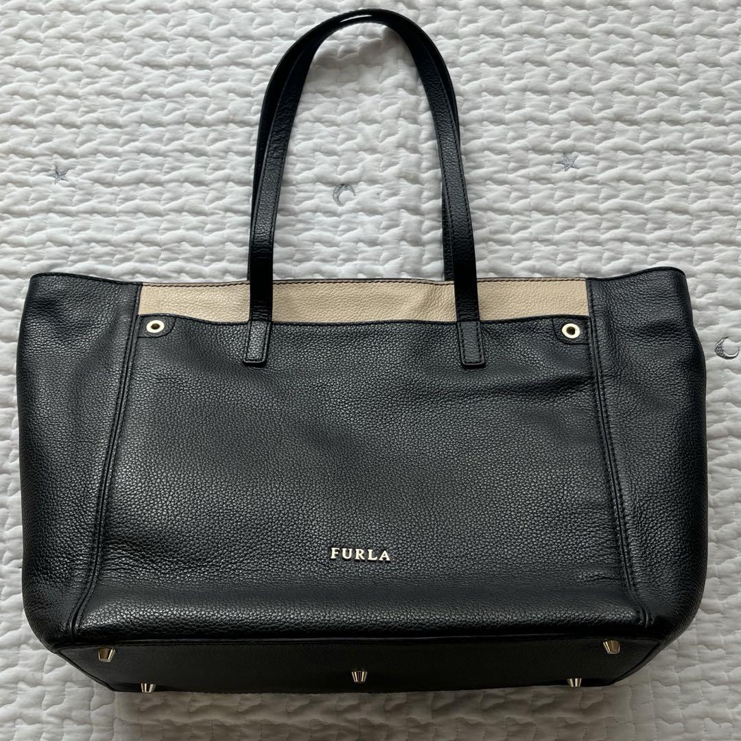 【美品】フルラ FURLA トートバッグ A4 シボ革レザー ブラック ベージュ