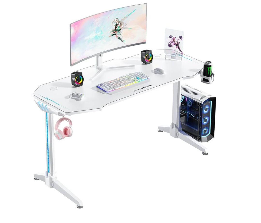 新品　ホワイトゲーミングデスク LED付き