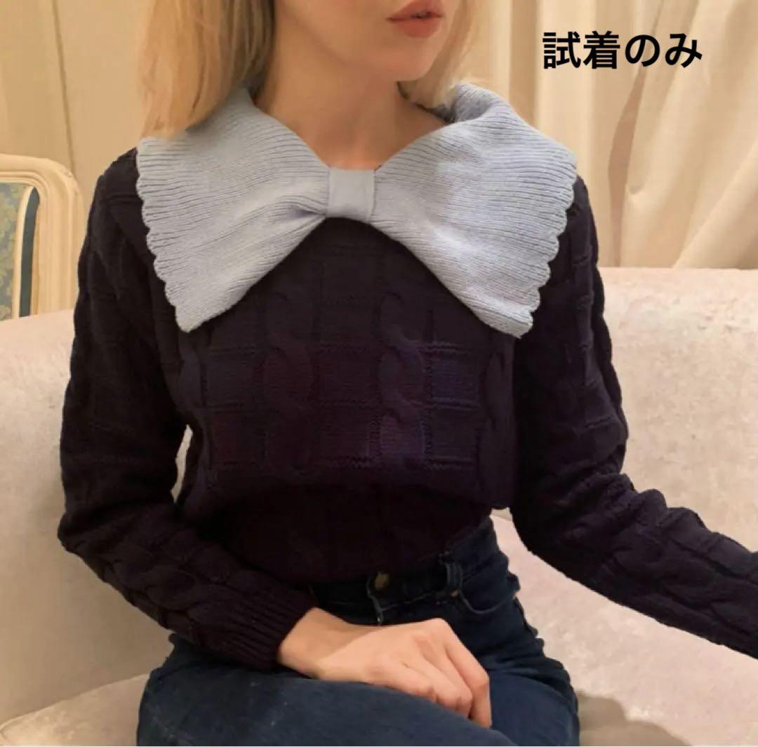 epine big ribbon collar knit navy blueトップス