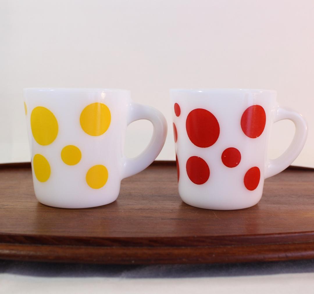 1960年以降　2個　ヘーゼルアトラス　マグ　マグカップ　ドット　水玉　赤　黄色