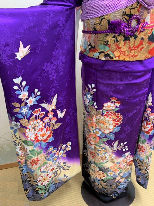 ブラック系安価 ワタナベ 美品 正絹 振袖セット 本紫 蝶紋 百華柄 帯 ...