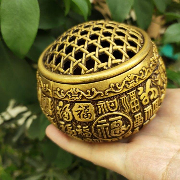 銅 細工 浮彫り百福網蓋薫香炉 茶道香炉 工芸品 美術品 置物