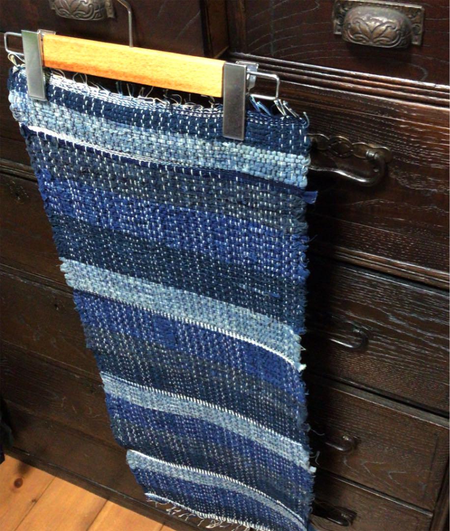 裂き織り 古布 手織り 藍染木綿 テーブルセンター (85×32 房込み)