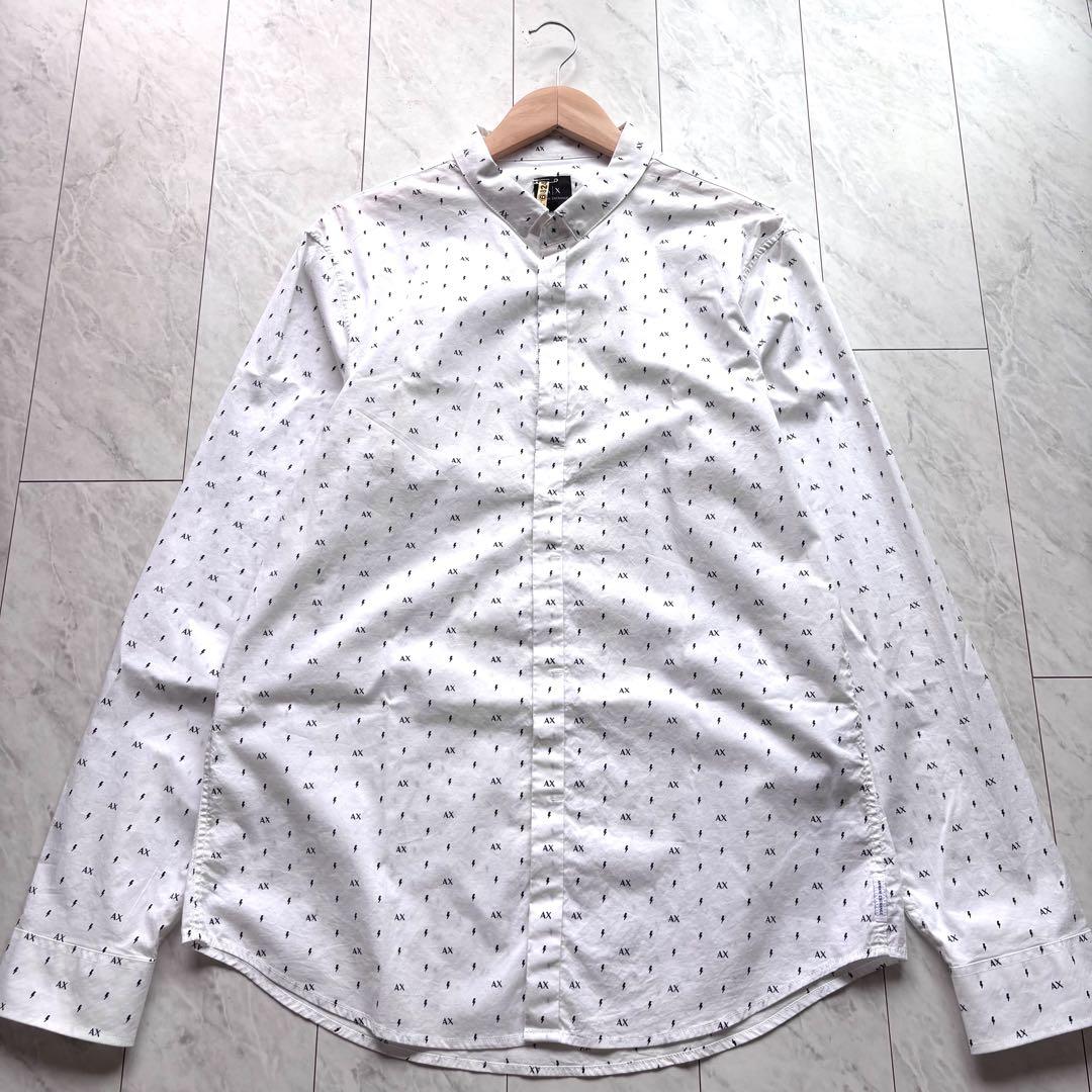 【オシャレ】ARMANI EXCHANGE 総柄シャツ　ロゴ　長袖　ホワイト