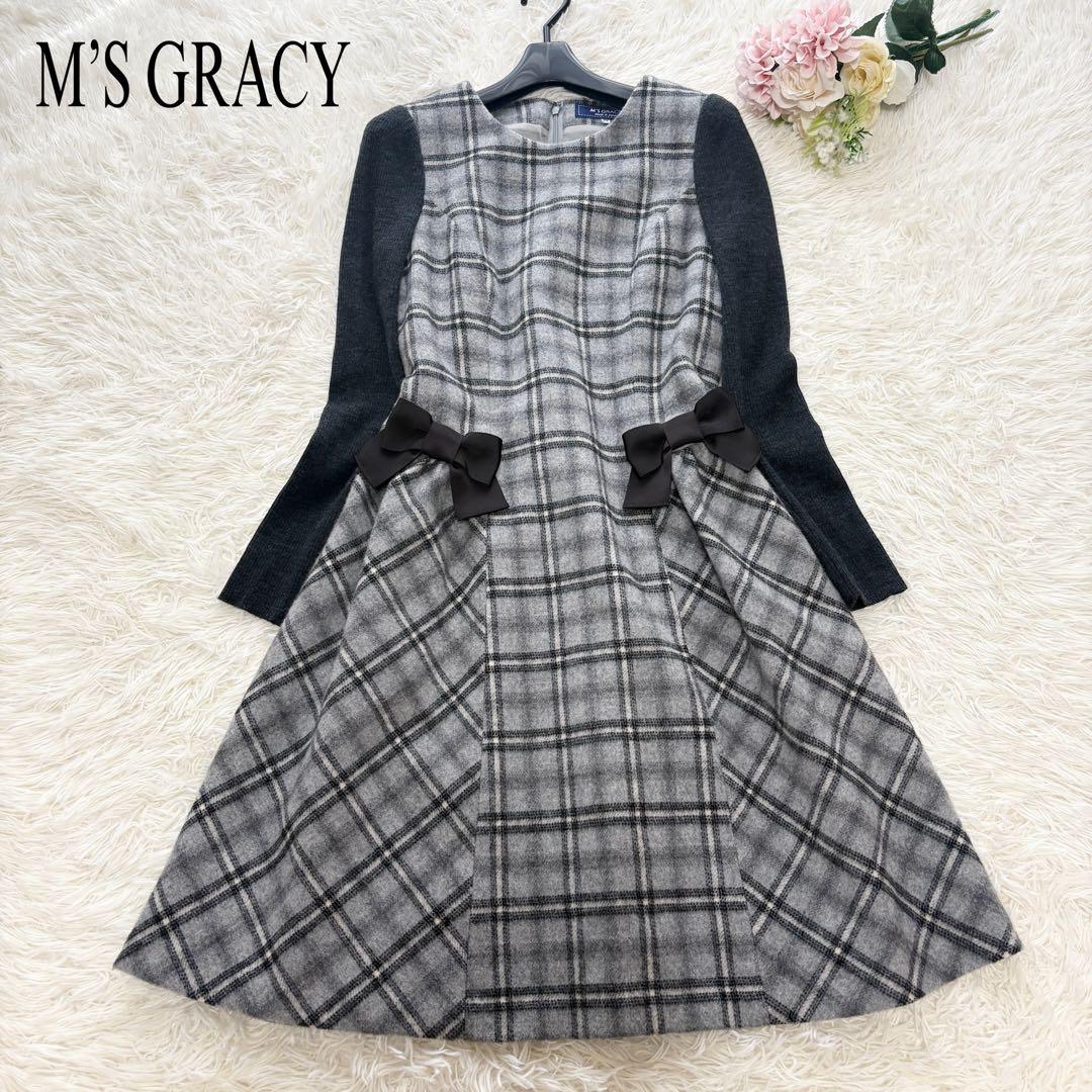 リボン ニットワンピース ウール チェック 38 Aライン 現行タグM M S GRACY
