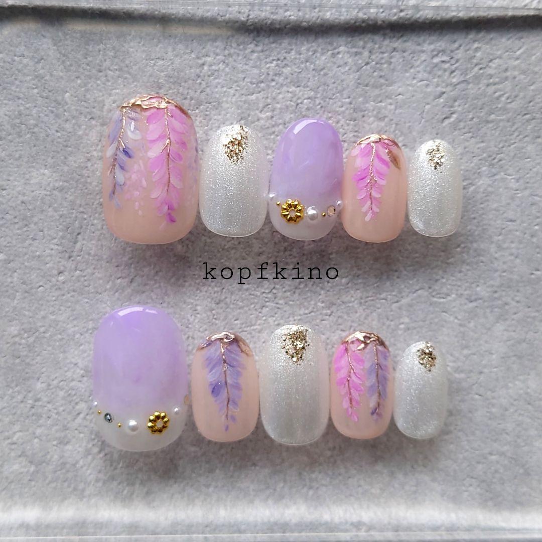 ネイルチップ ピンク 花 フラワー 押し花 オーダーネイル 韓国 可愛い 大人 再販】淡いピンクフラワー♡ 大人 ブライダル 成人式 卒業式