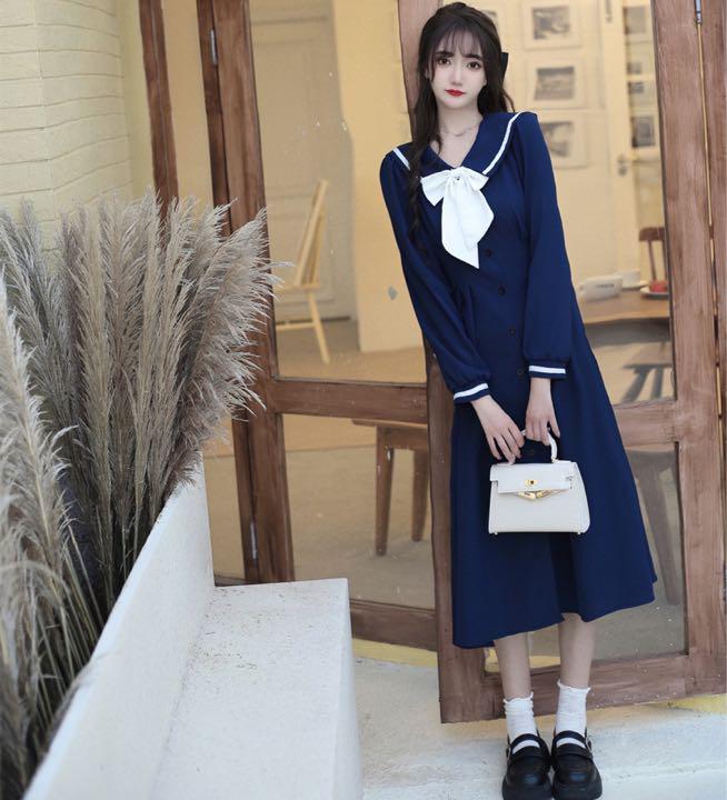 憧れの 3l 学生風 セーラー服 バイカラーリボン ウエストタック入り長袖ワンピース ロングワンピース Www Psi Polnep Ac Id