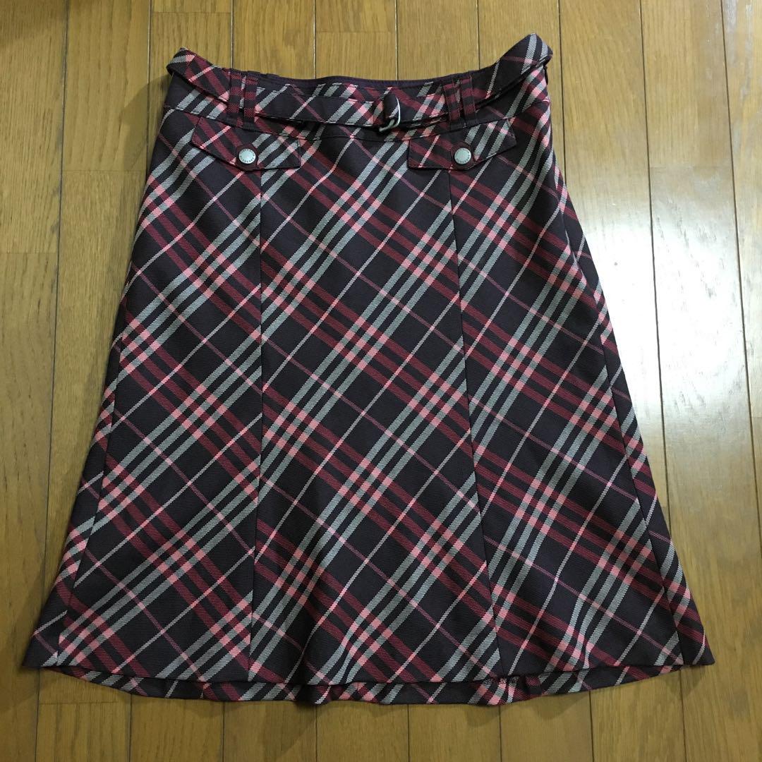 バーバリーブルーレーベル　フレアスカート　レッド×チェック　38 ベルト付