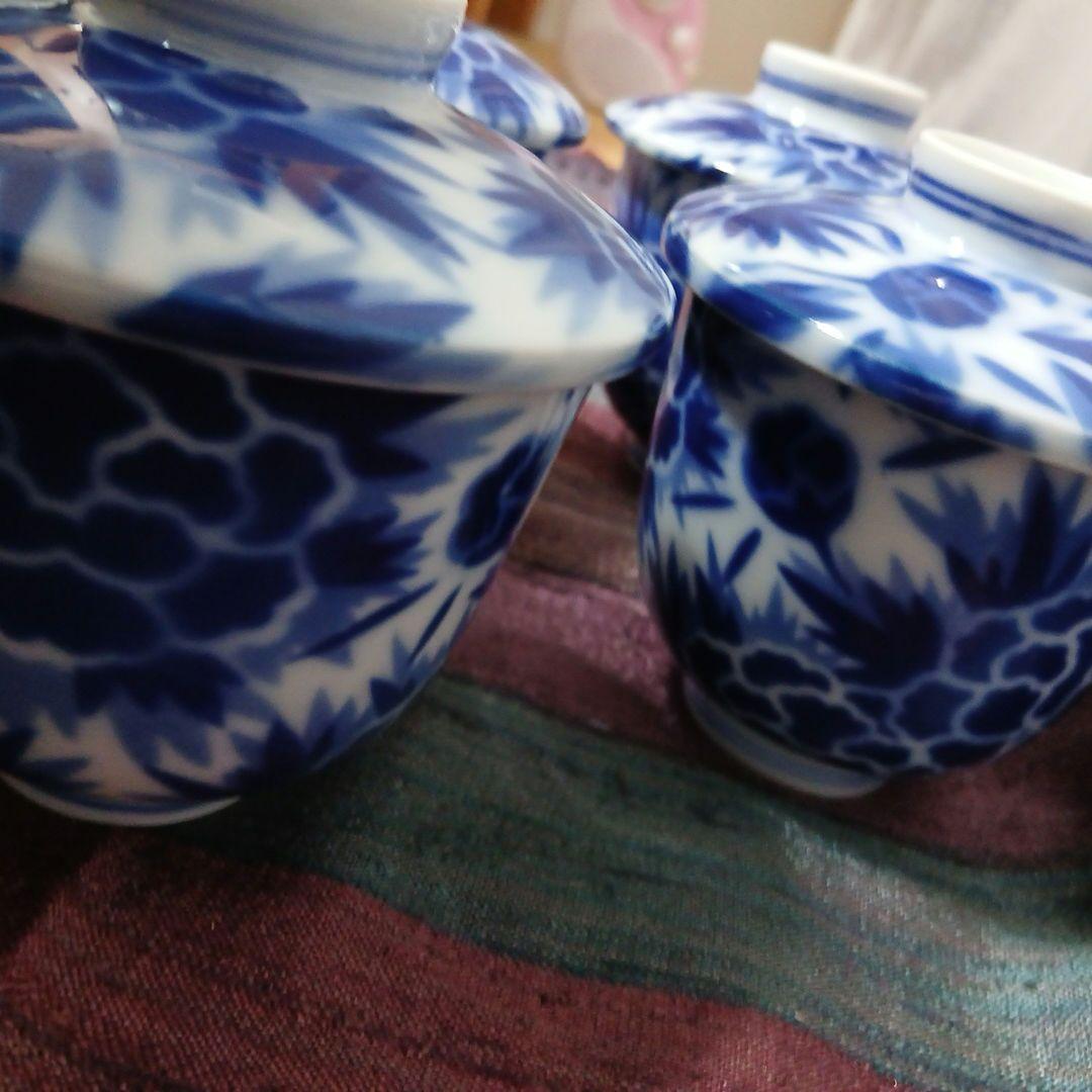 深川製磁器 青と白の花柄 蓋付き茶碗蒸椀 碗 4個セット 牡丹
