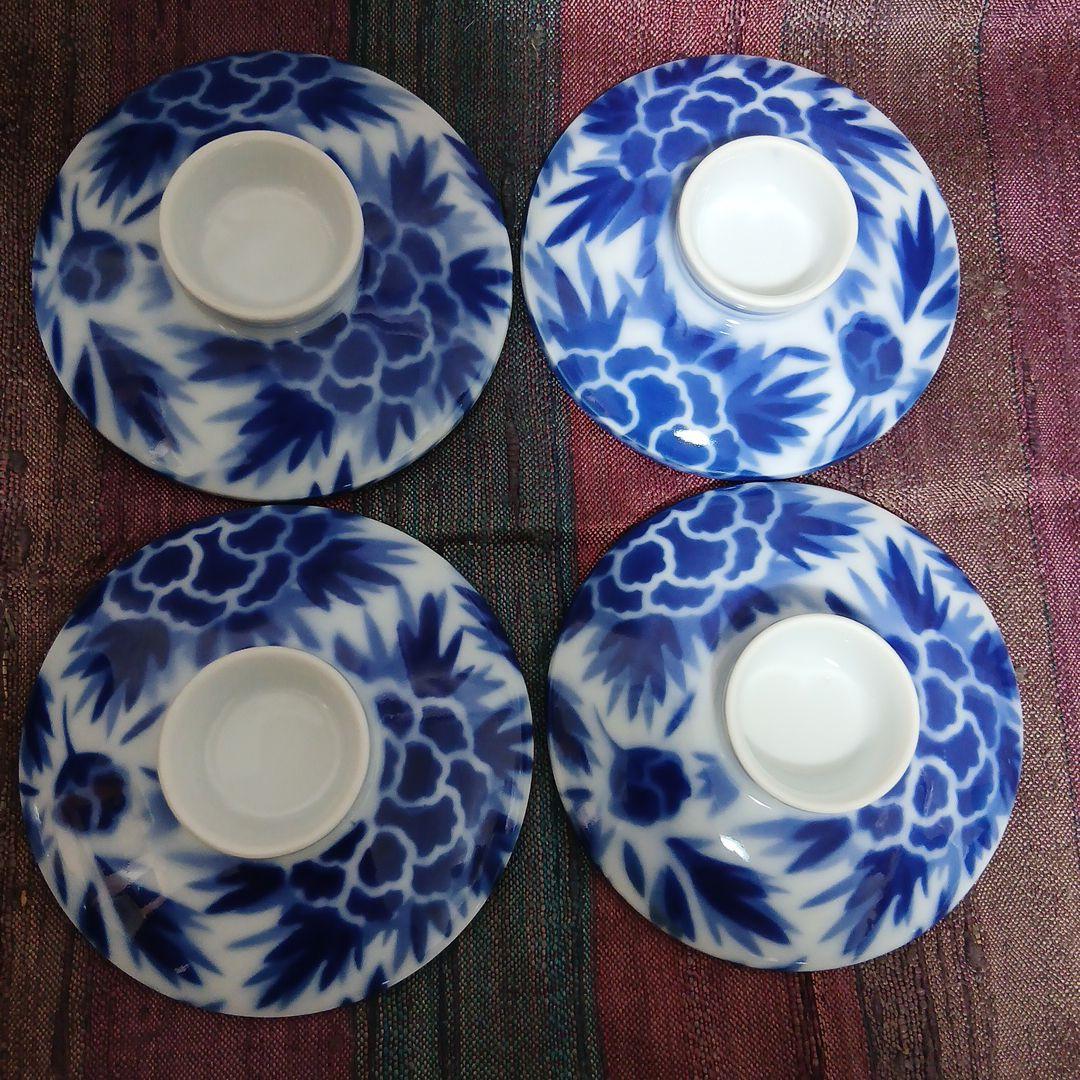 青い花柄の陶器製茶碗 深川製磁器 青と白の花柄 蓋付き茶碗蒸椀 碗 4個セット 牡丹