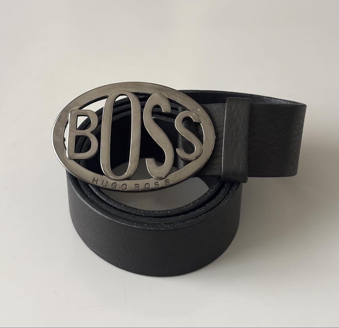 HUGO BOSS ヒューゴボス　厚手レザーベルト ブラック黒　 ロゴバックル