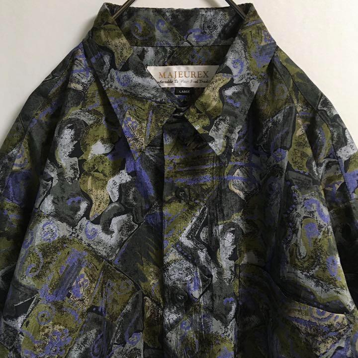 レトロ 古着 抽象的アート 総柄 ポリ デザインシャツ 半袖 メンズL 日本製