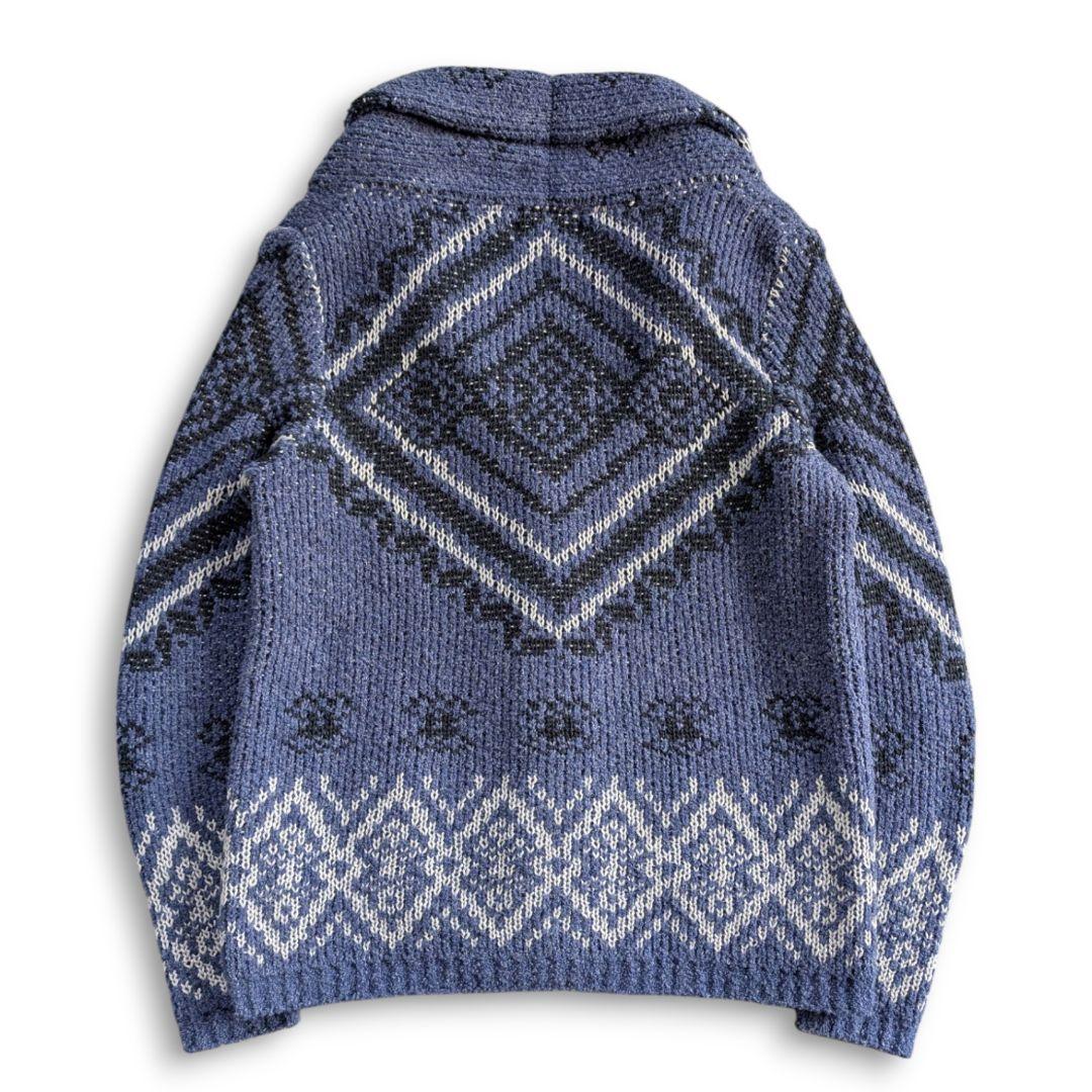 美品 シーグリーン ネイティブ柄 ショールカラー ニットカーディガン S ブルー