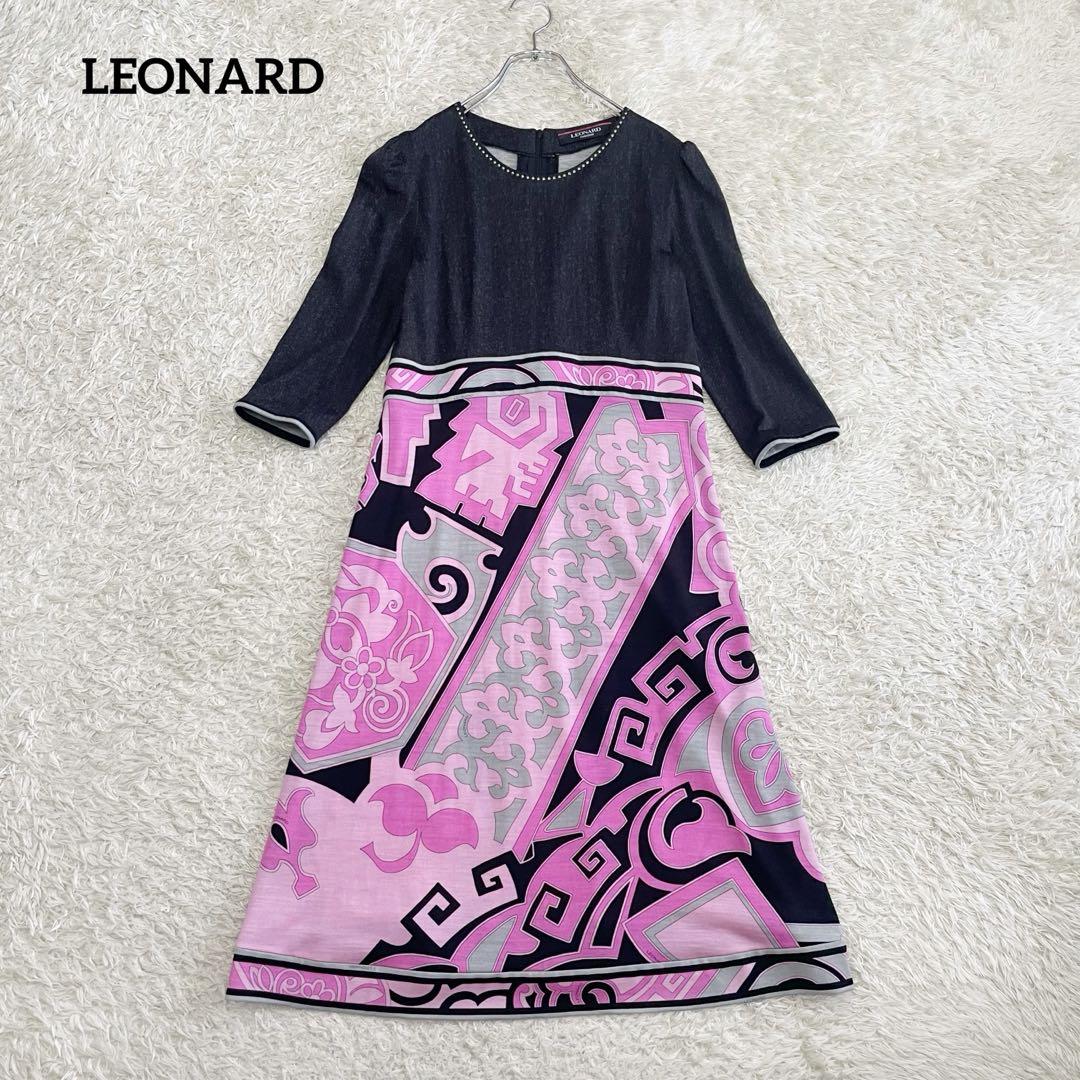 【LEONARD】トリム ウエスト切替メタルネックワンピース40
