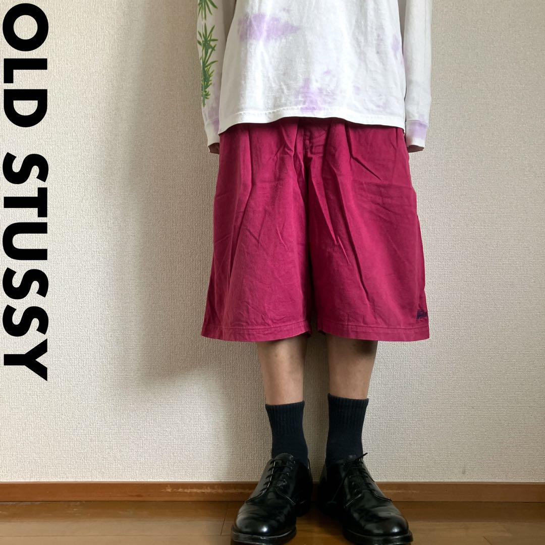 レア00s OLD STUSSY ワンポイント刺繍ロゴ バギーショーツ Y2K