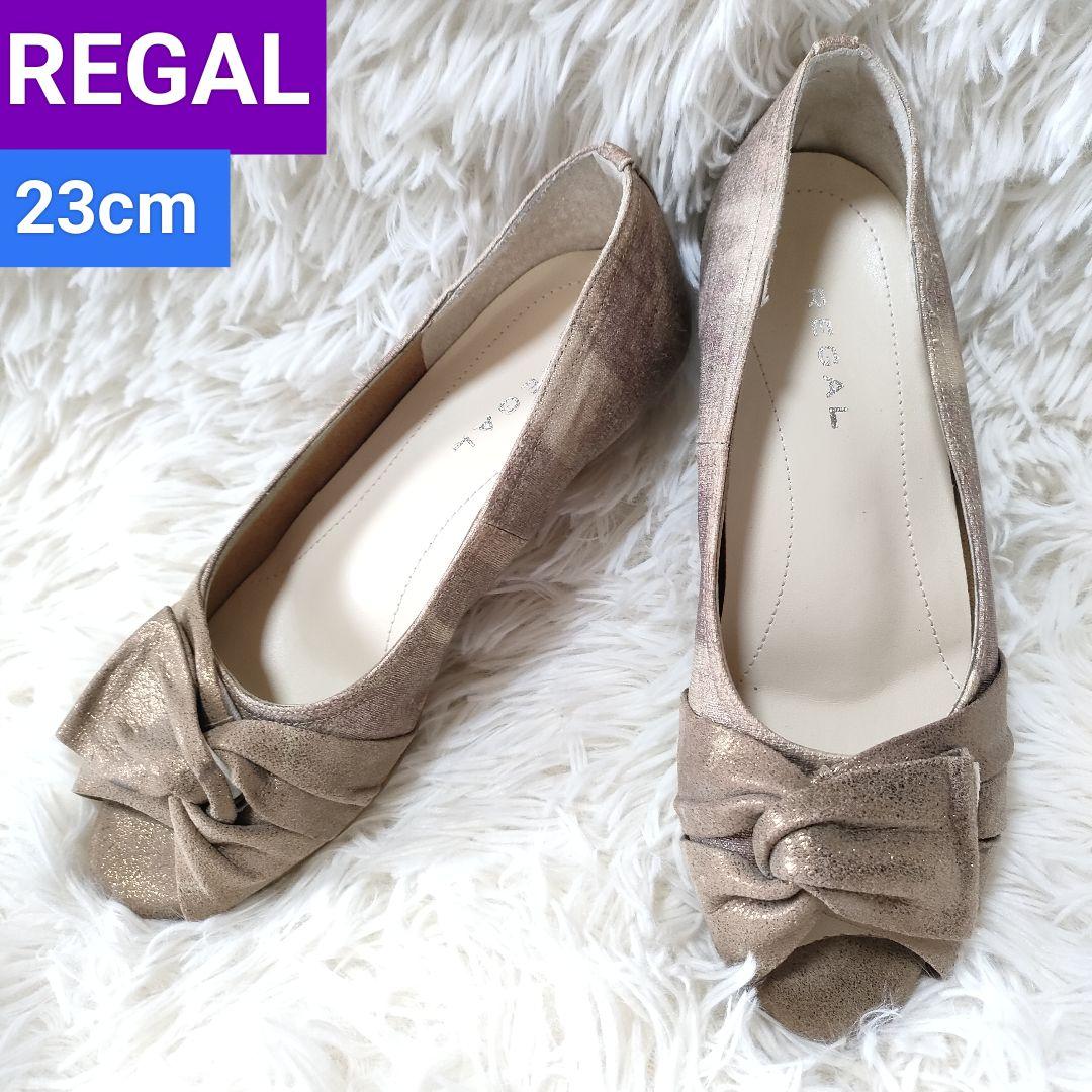 REGAL　ゴールド　金　カモフラ リボン　オープントゥ パンプス　シューズ