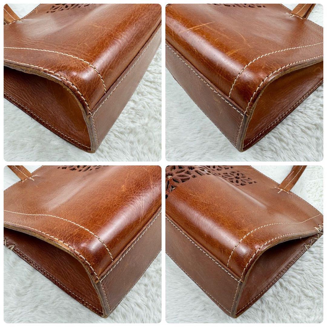 genten カットワーク バケッタ レザー 肩掛け トートバッグ 横長 茶 genten カットワーク バケッタ レザー 肩掛け トートバッグ 横長