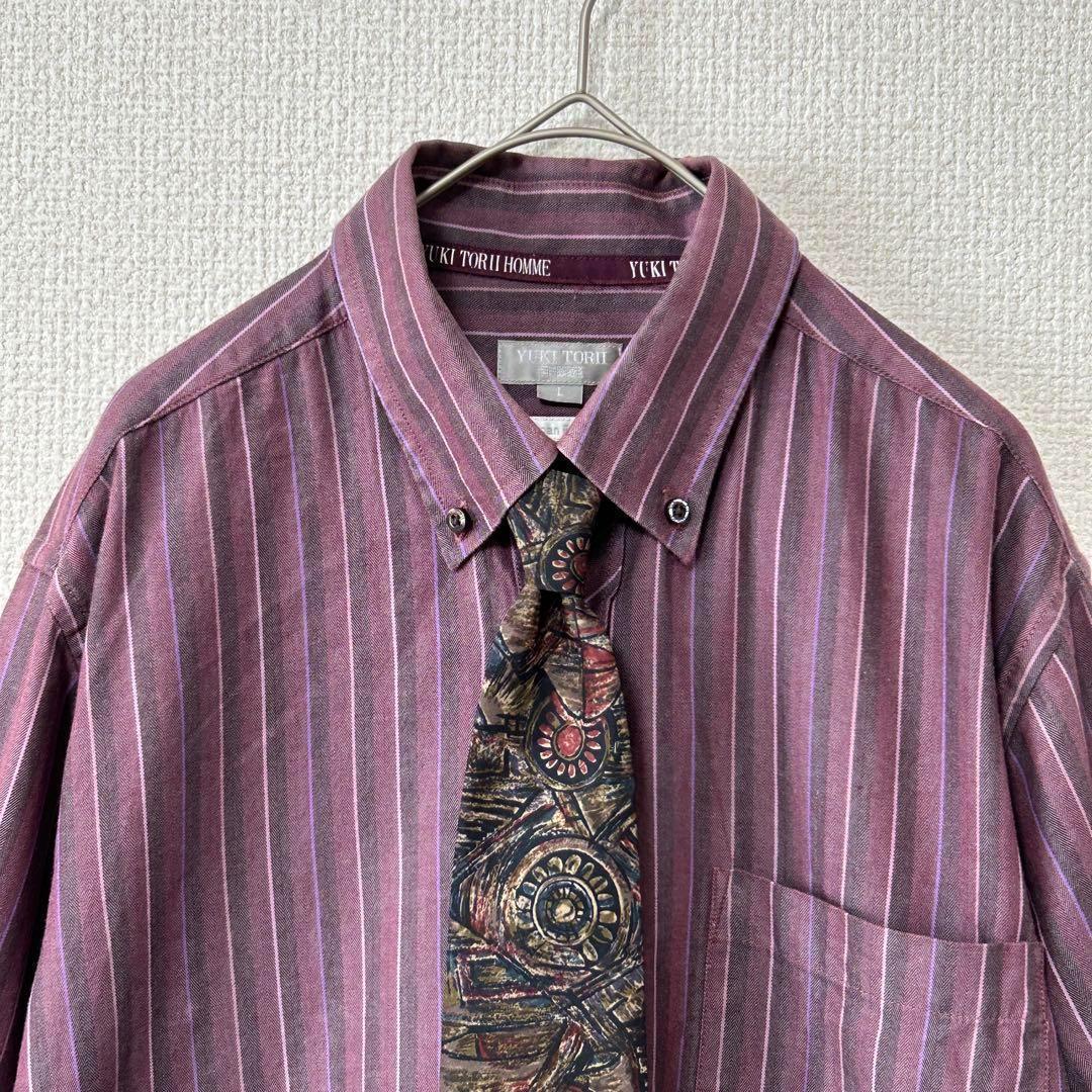 【2点セット】ネクタイシャツ　紫　ストライプシャツ　アート柄ネクタイ　古着