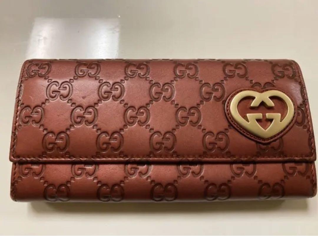 美品GUCCI グッチ　長財布 ラブリーハート シマ レザー　ゴールド金具