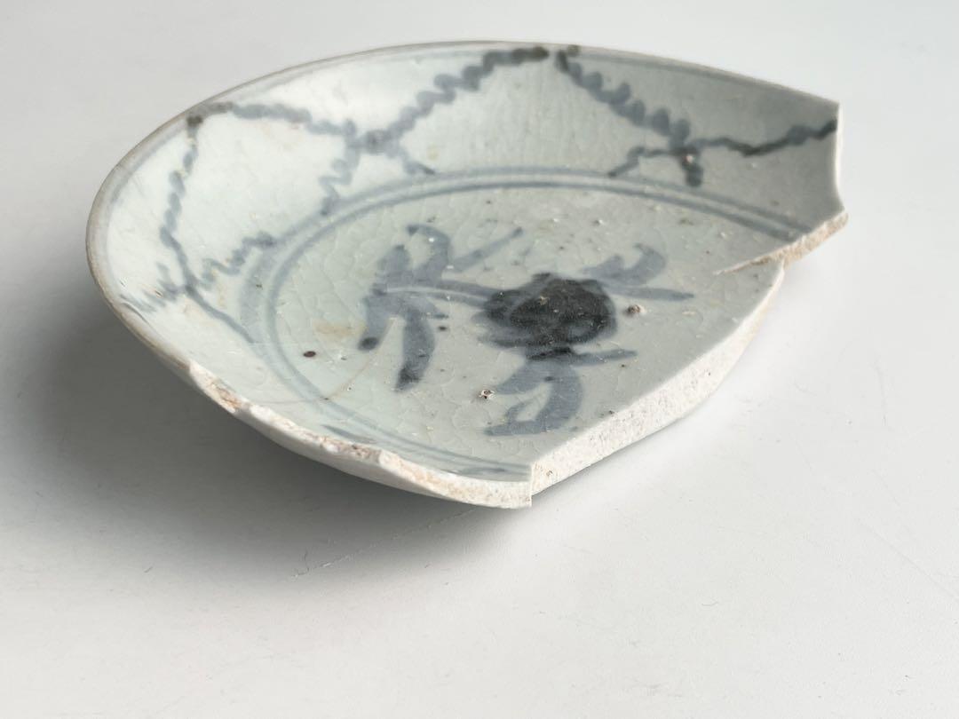 骨董　アンティーク　初期伊万里　陶片　染付　網文花図小皿　残欠　出土品　発掘品