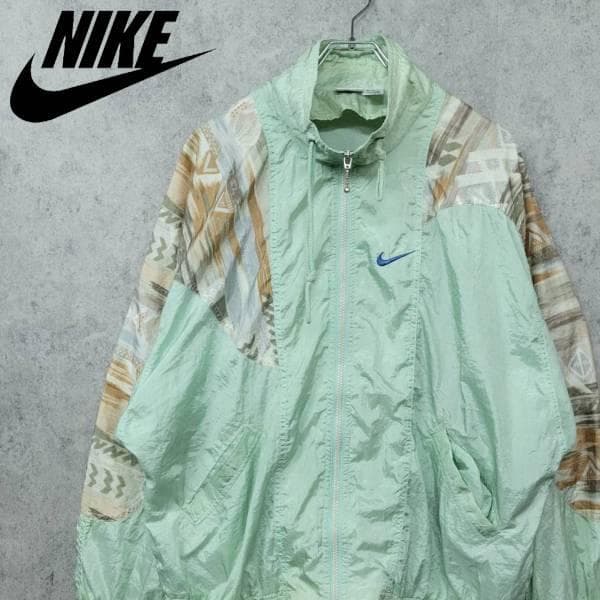 90s ナイキ 希少デザイン 刺繍 ナイロンジャケット ライトグリーン L 古着