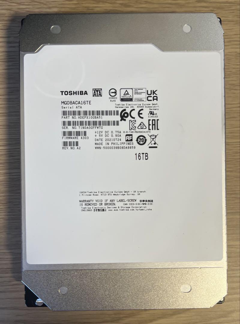 [0 ~数時間通電] 大容量HDD 東芝 16TB SATA 3.5インチ