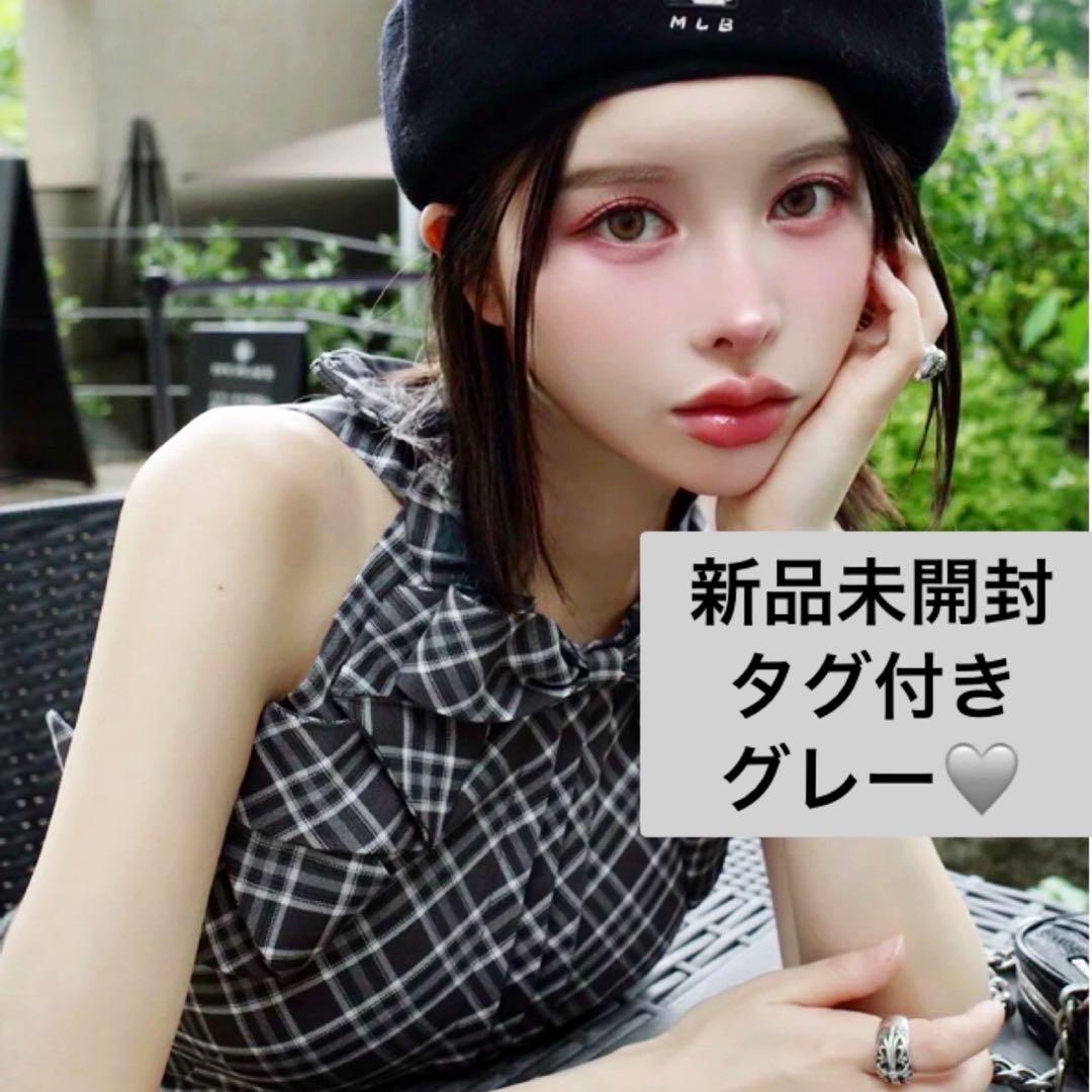 新品未開封　リボンチェックノースリブラウス　グレー　ダーリッチ darich